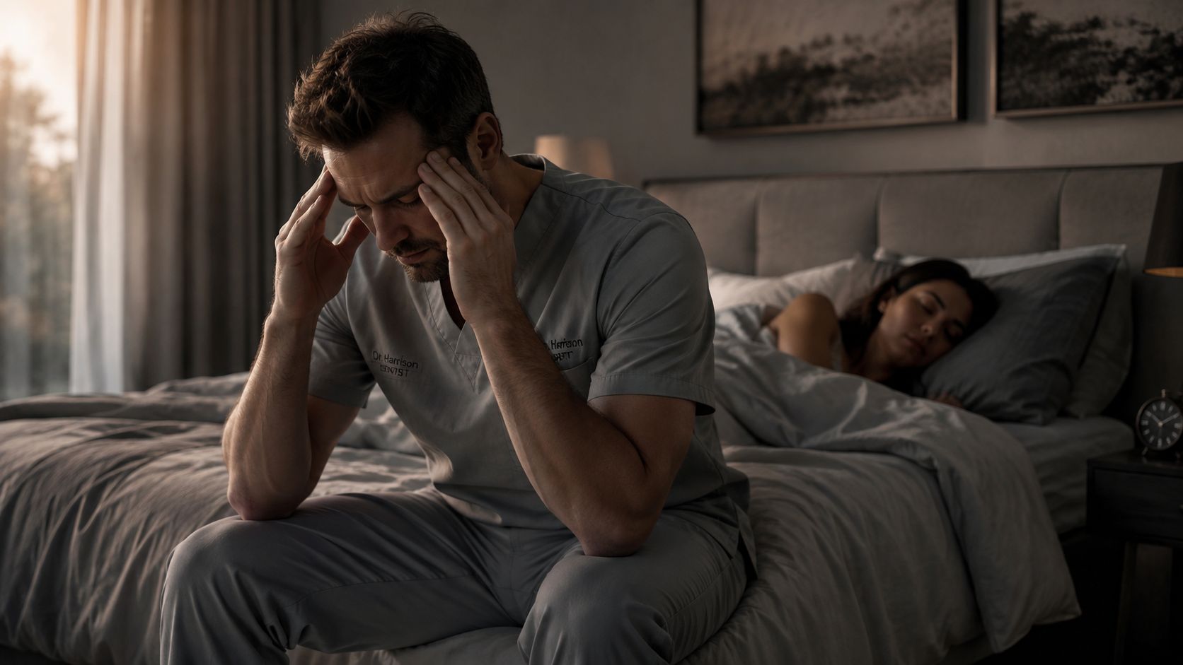 A distressed male doctor sitting on the edge of a bed while his partner sleeps behind him.