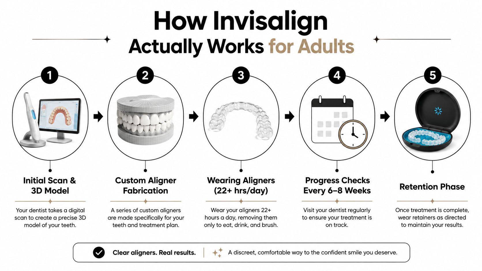 A five-step infographic showing the Invisalign treatment process for adults, from 3D scanning to retention.