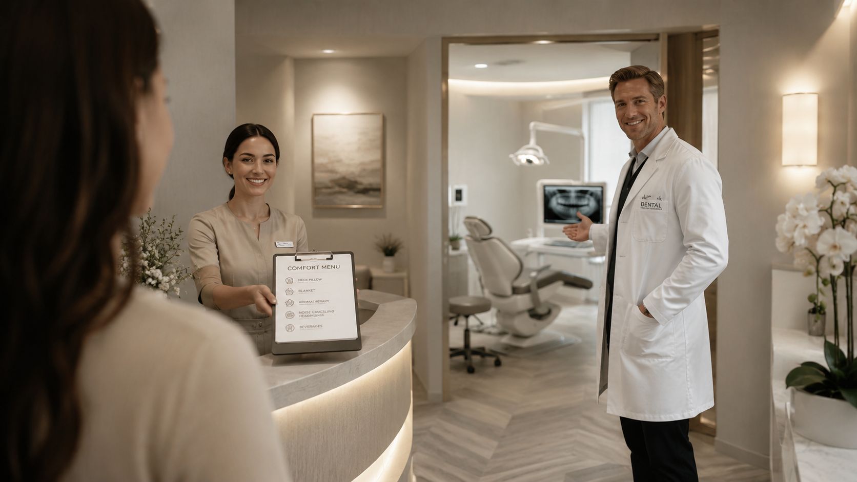 A friendly receptionist presenting a comfort menu to a patient while a dentist welcomes them inside.