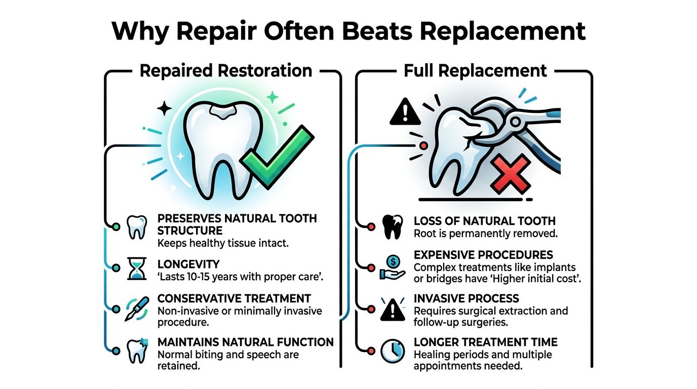 A comparison infographic showing the benefits of dental restoration over full tooth extraction and replacement.