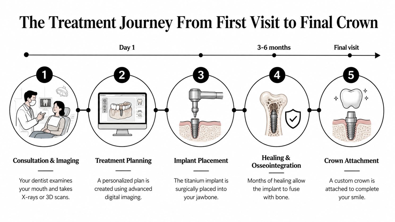An infographic showing the five steps of a dental implant procedure from consultation to crown attachment.