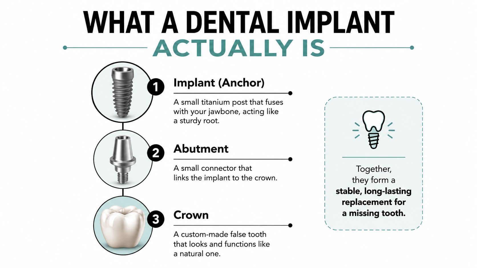 An infographic showing the three components of a dental implant: the anchor, abutment, and crown.