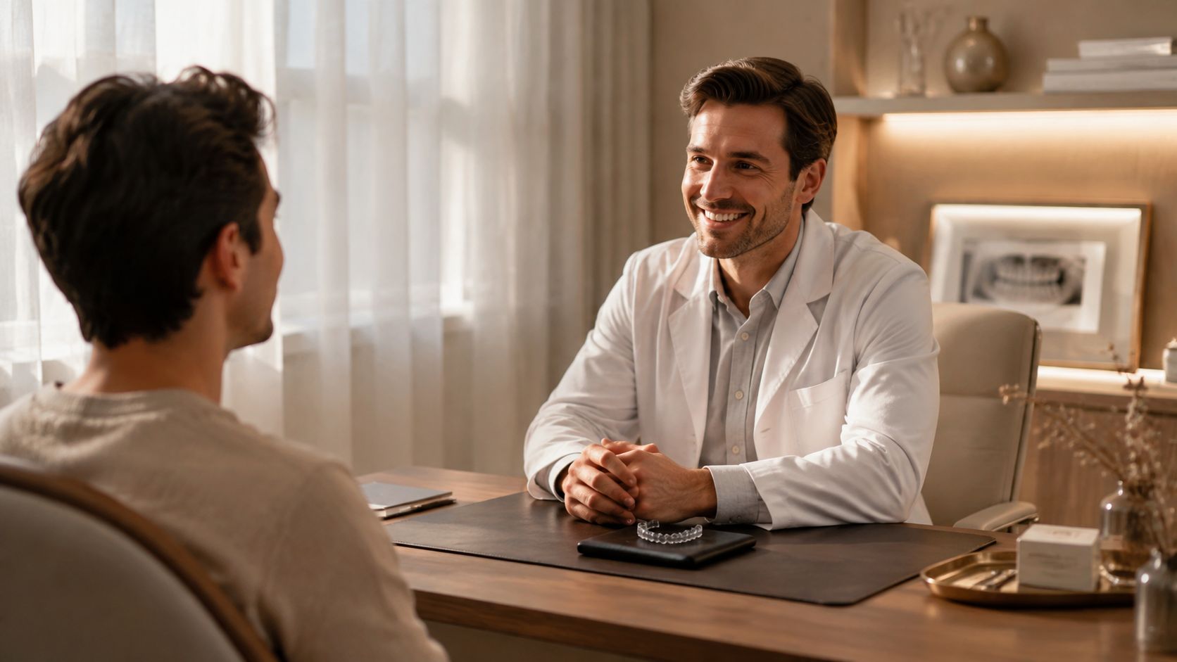 A smiling male dentist having a consultation with a patient about clear aligner treatment in his office.