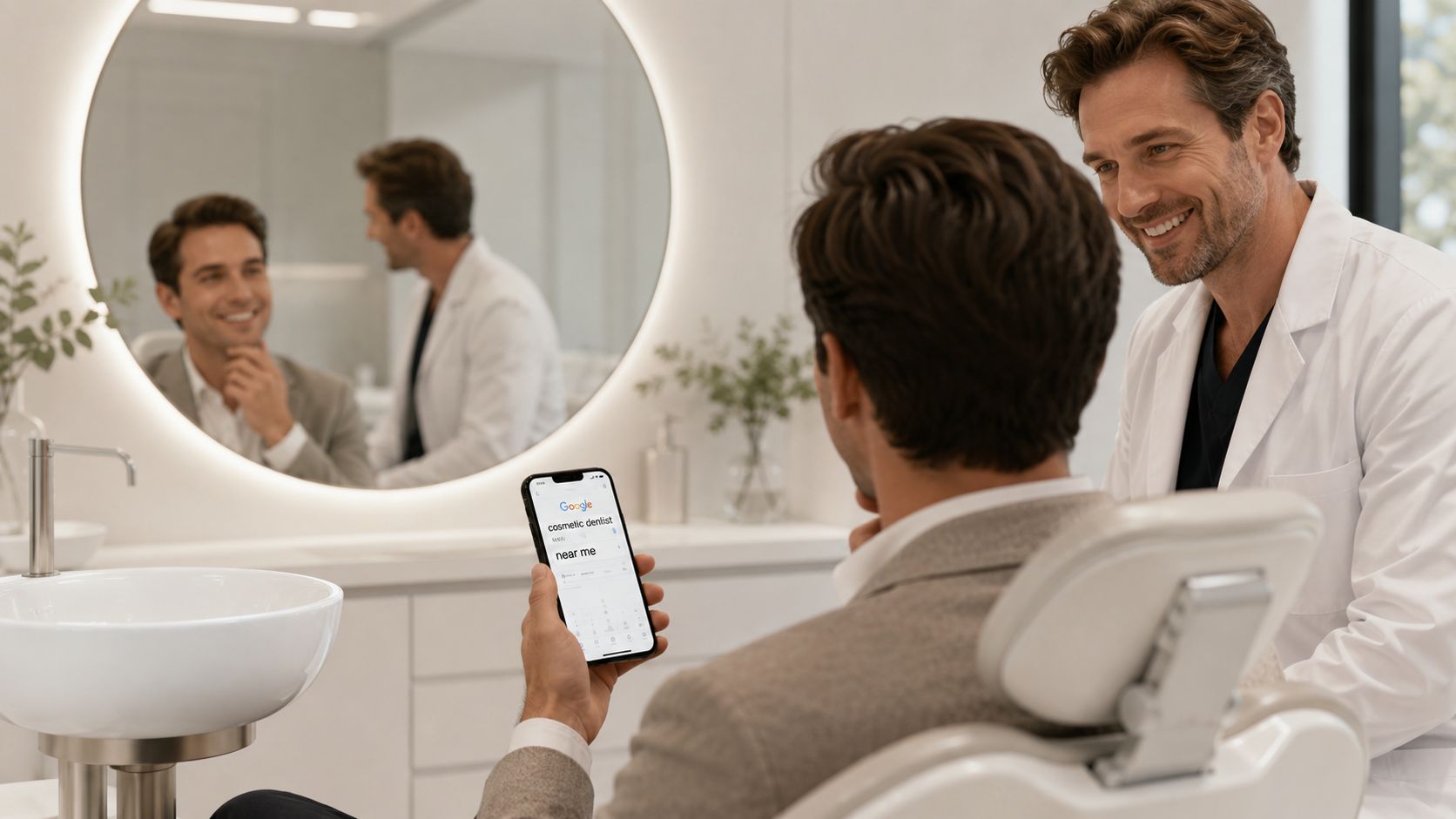 A patient holding a smartphone searching for a cosmetic dentist while consulting with his doctor.