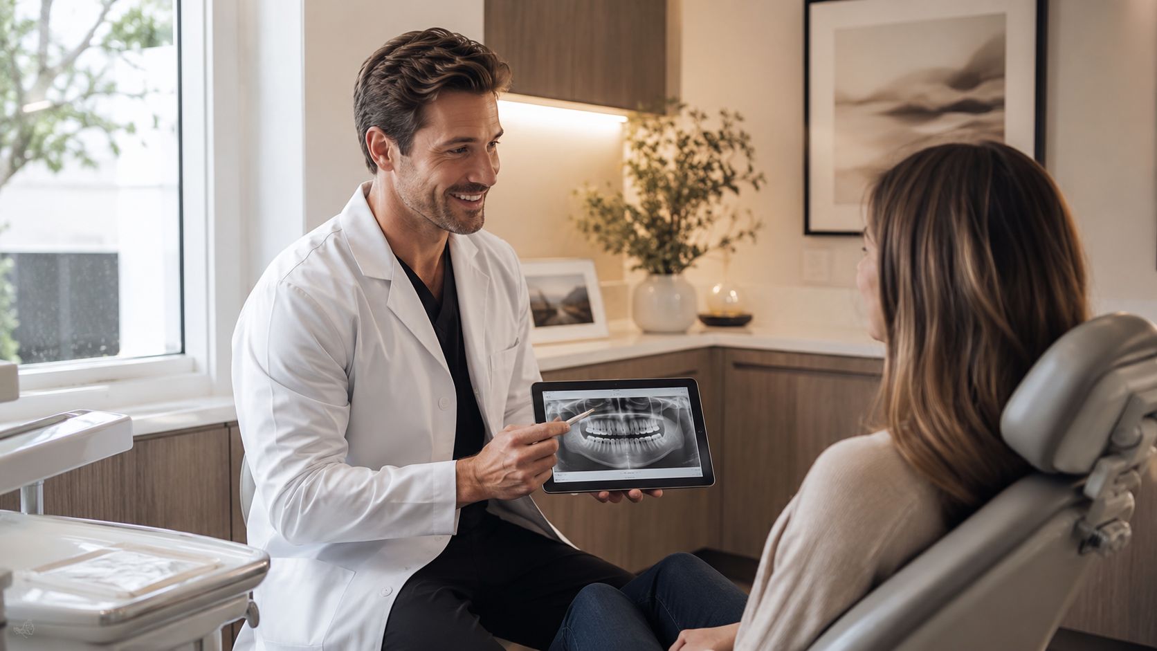 A friendly male dentist explaining a dental X-ray on a digital tablet to a female patient.