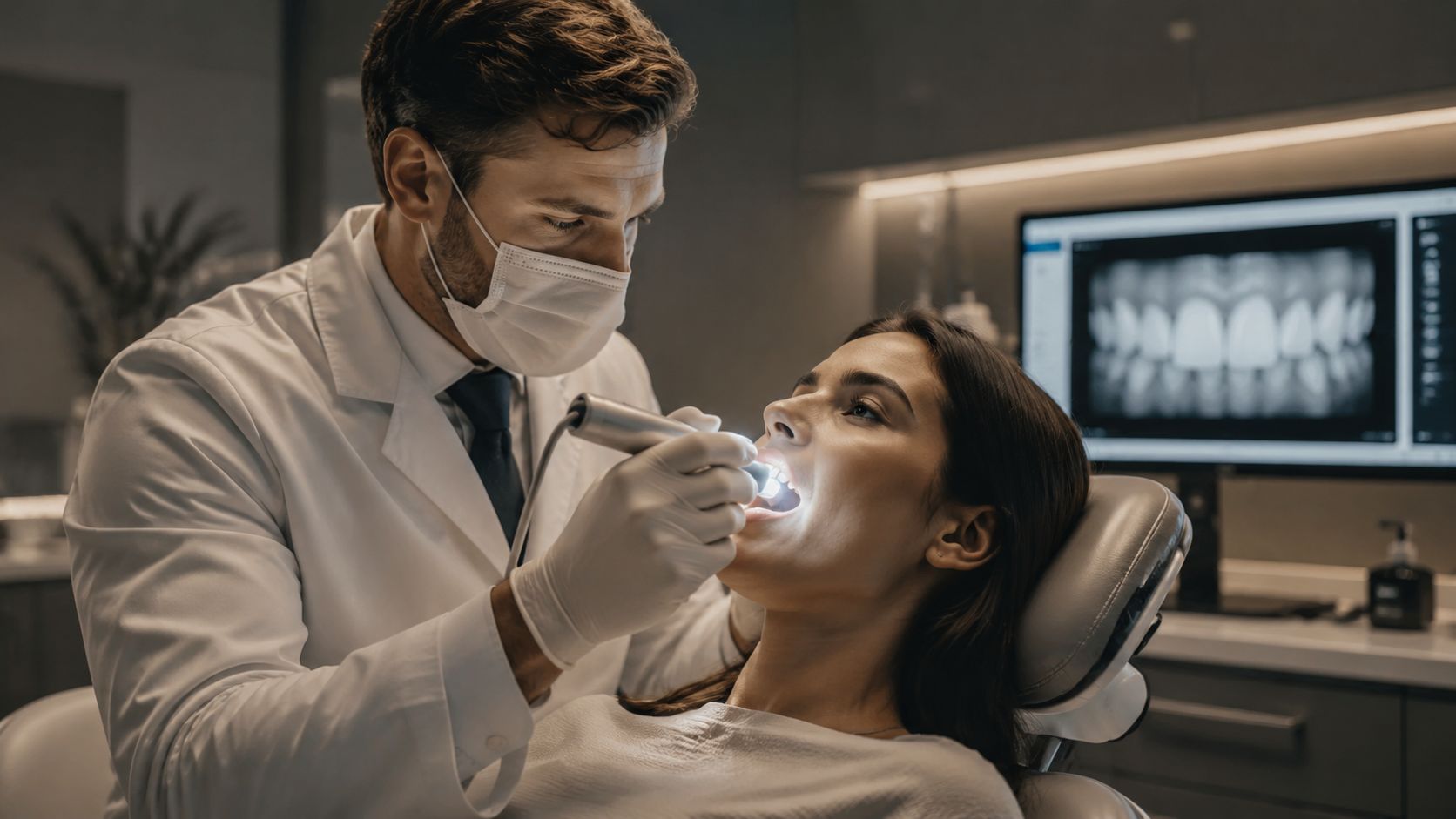 A professional dentist performing a checkup on a female patient sitting in a dental clinic chair.
