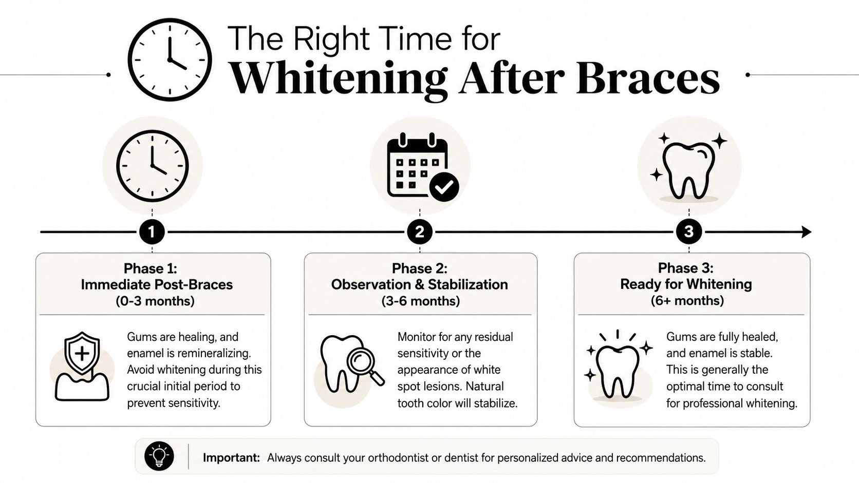 A timeline graphic showing the three phases for safe teeth whitening after completing orthodontic braces treatment.