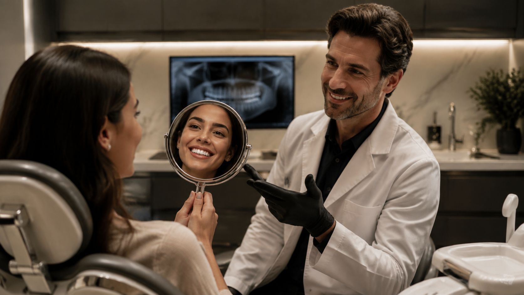 A friendly dentist showing a happy patient her new smile in a mirror at a modern dental clinic.