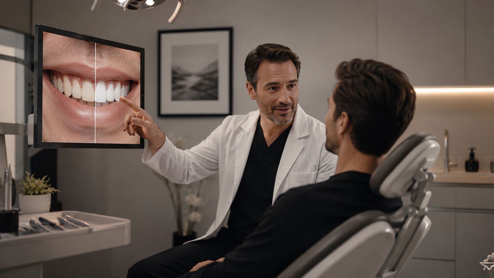 A dentist explaining teeth whitening results to a patient while pointing at a screen in his office.
