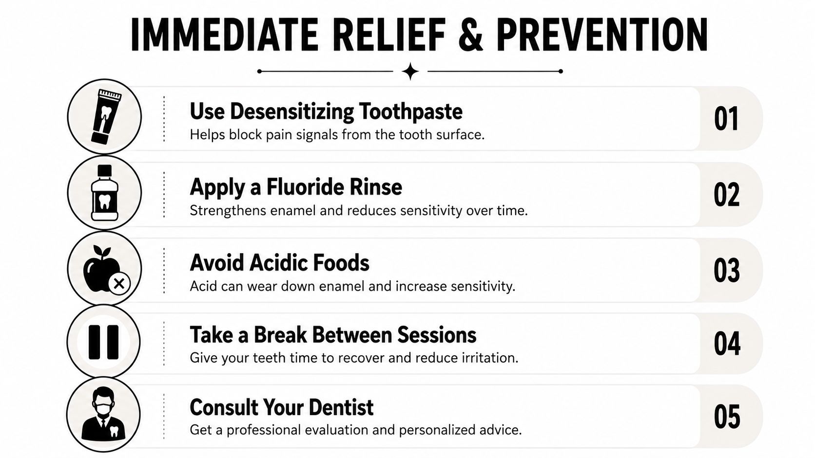 A five-point infographic titled Immediate Relief & Prevention providing dental care tips for sensitive teeth.