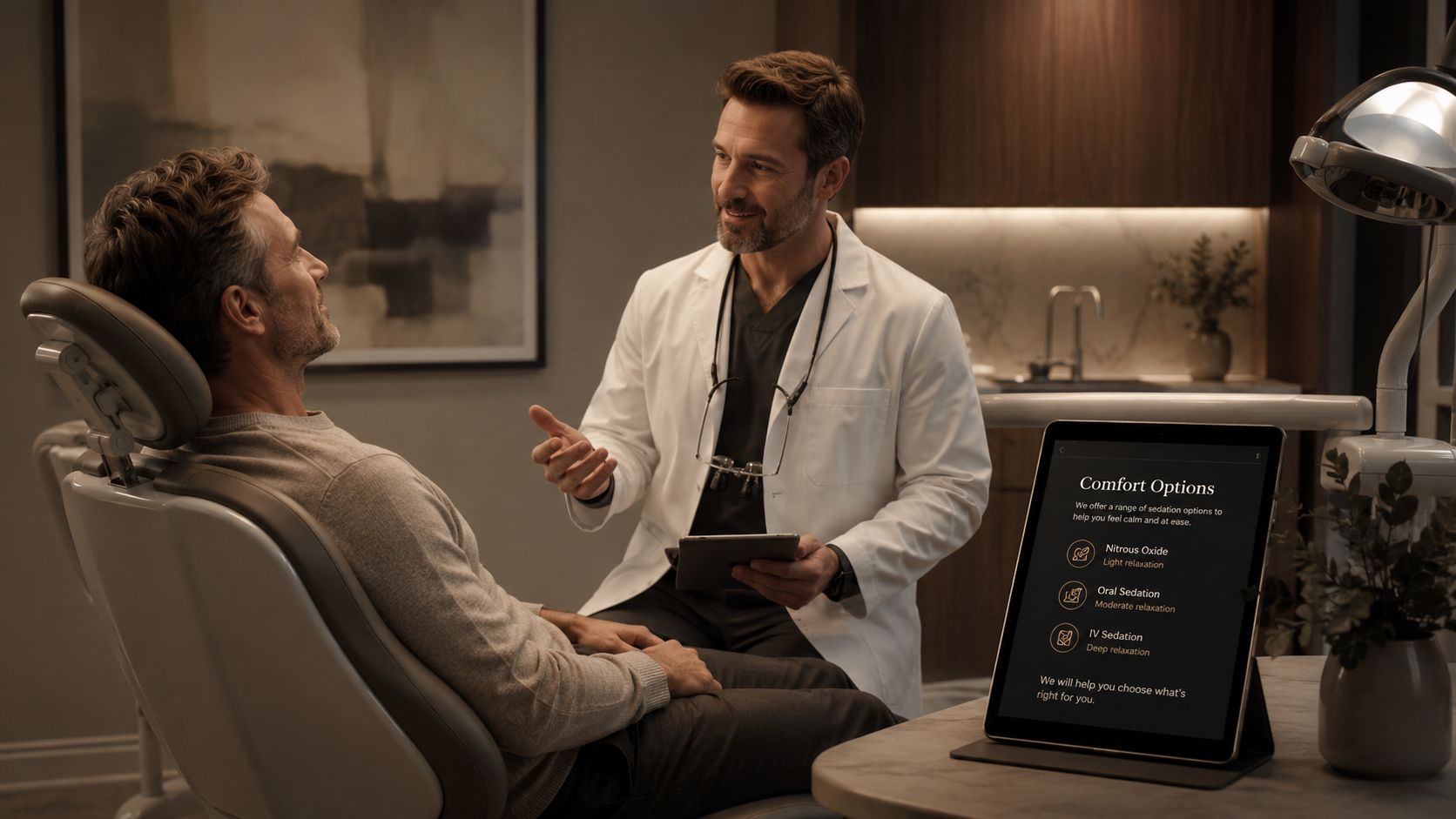 A professional dentist discussing comfort options with a patient sitting in a dental chair in a clinic.