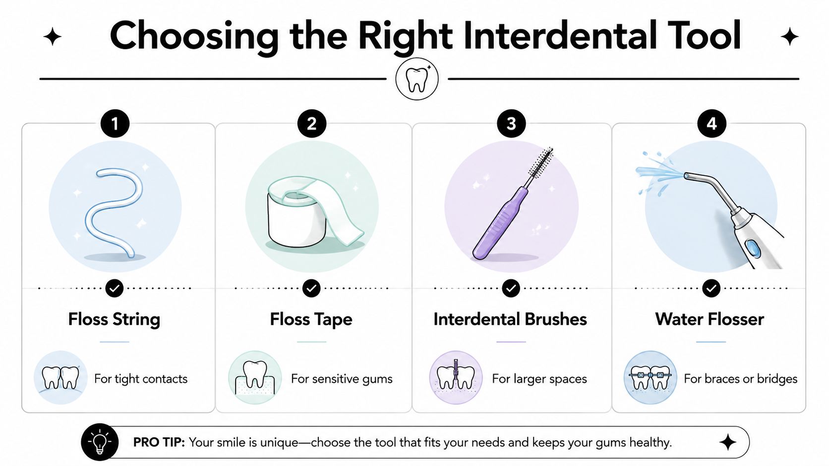 An infographic showing four different interdental cleaning tools for maintaining healthy gums and dental hygiene.