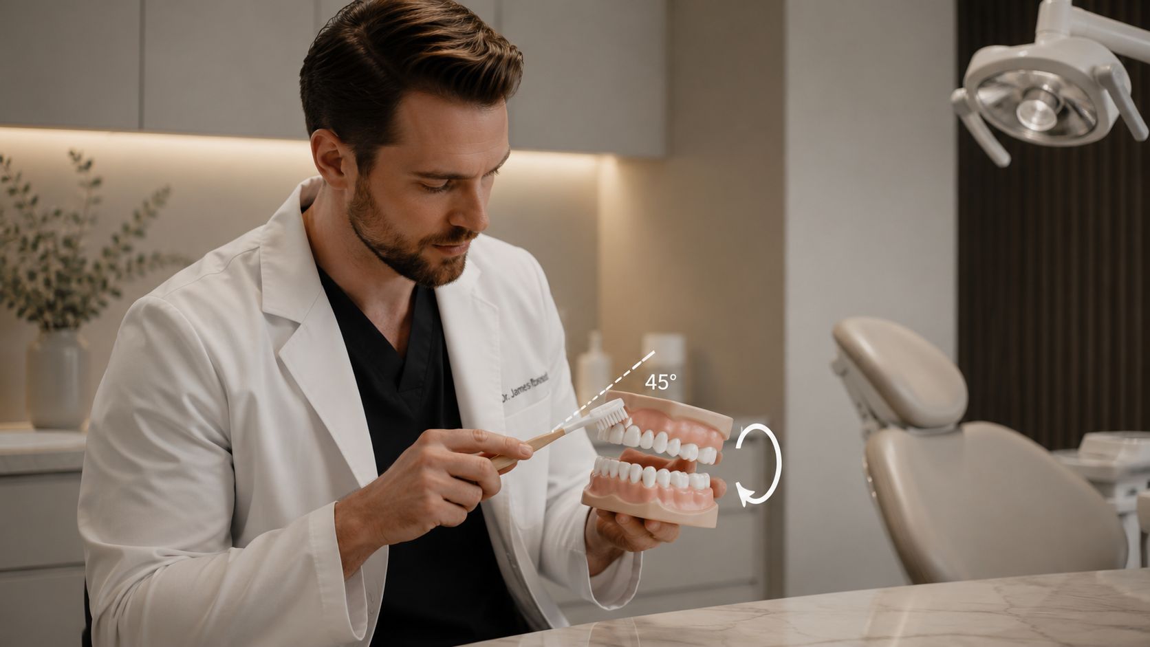 A professional dentist demonstrates the correct 45-degree angle toothbrush technique on a model set of teeth.
