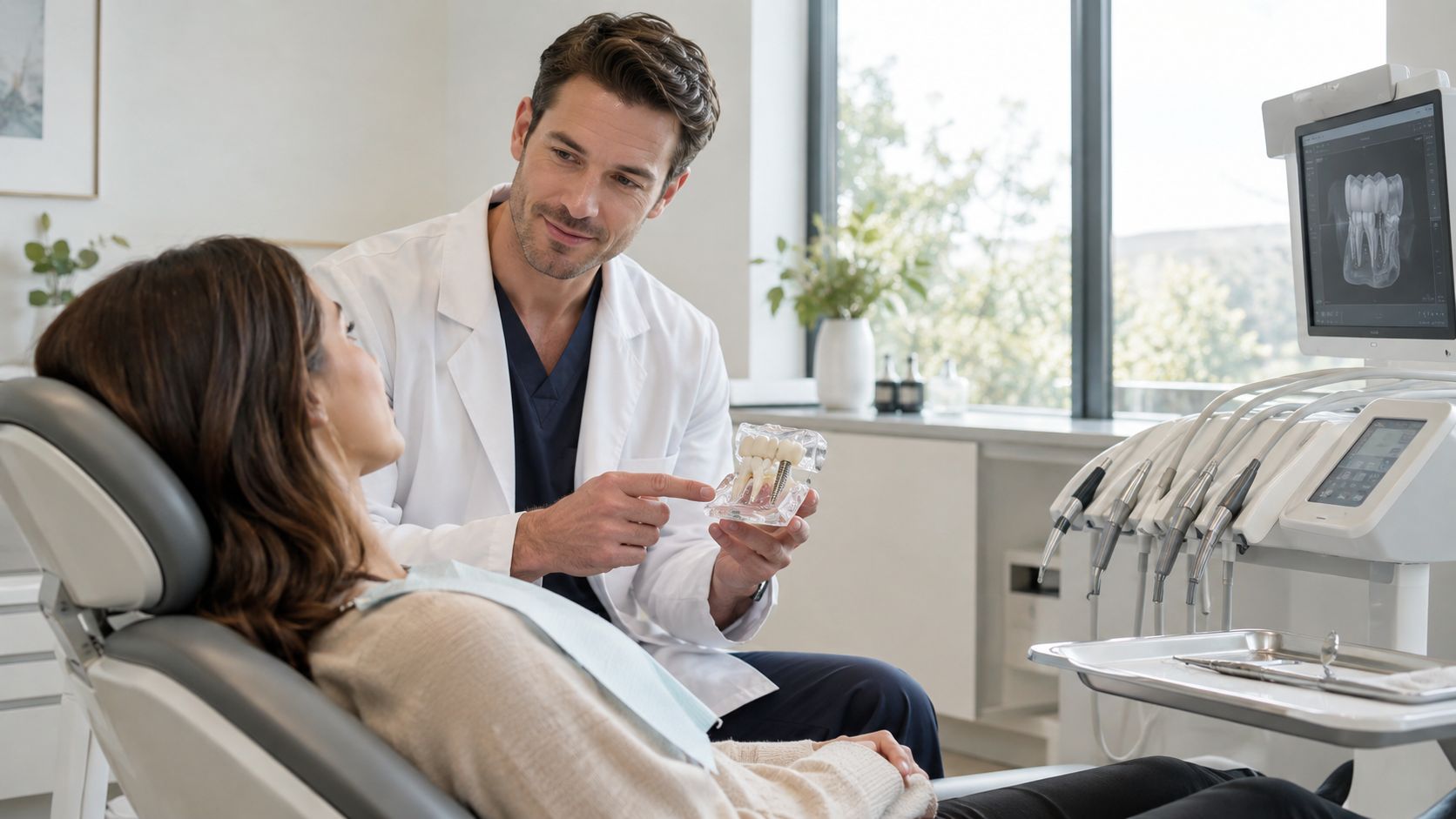 A male dentist explains a dental implant model to a female patient sitting in the dental chair.