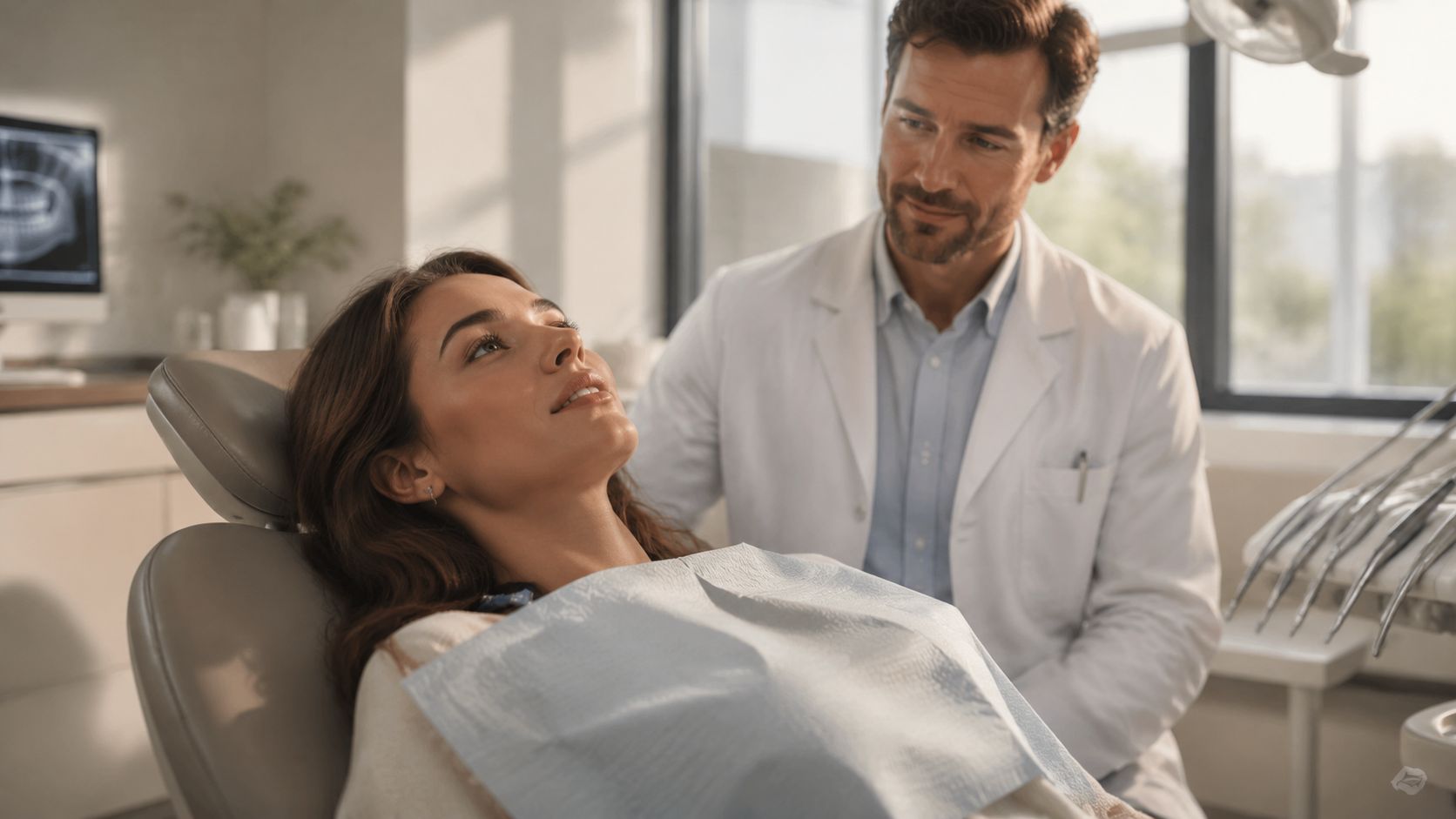 A friendly male dentist consulting a female patient seated in a dental chair during a checkup.