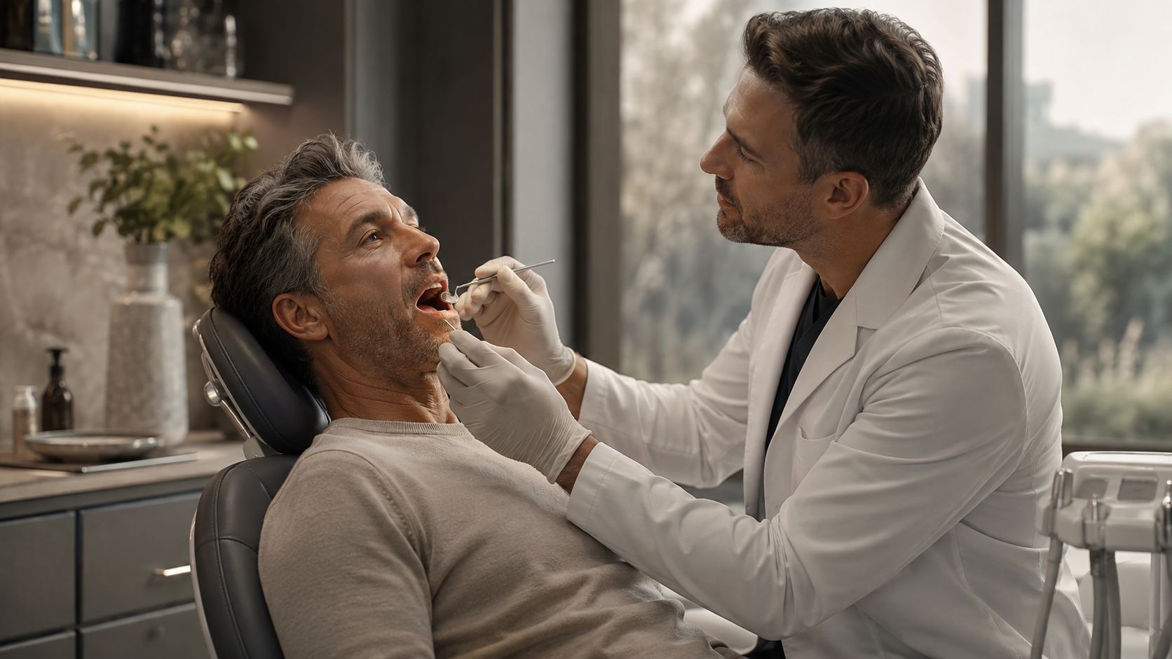 A professional dentist examining a male patient's teeth during a routine checkup in a modern dental clinic.