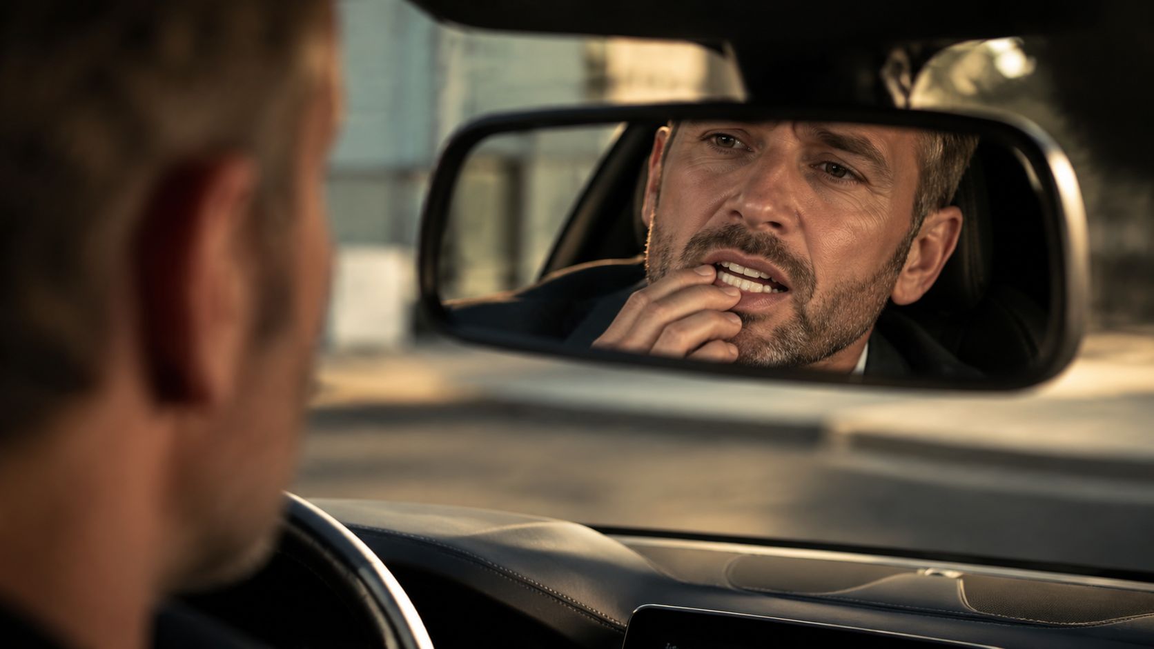 A man looks into his car rearview mirror to inspect his teeth and smile closely.