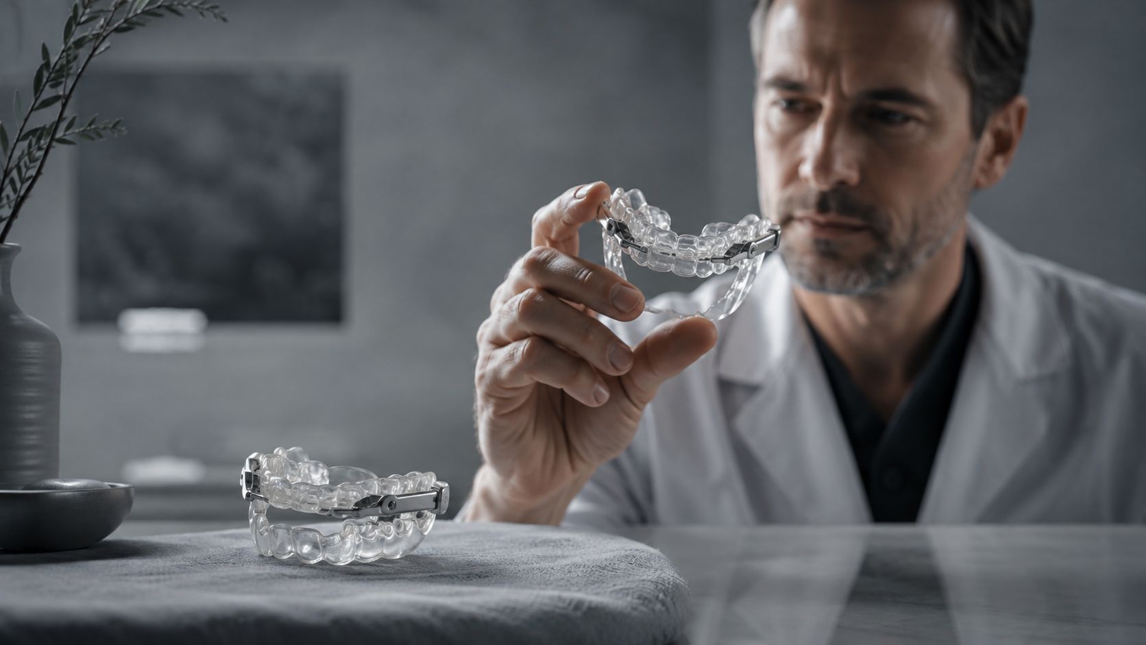A professional dentist holding a custom-made oral appliance for treating sleep apnea in a clinical setting.