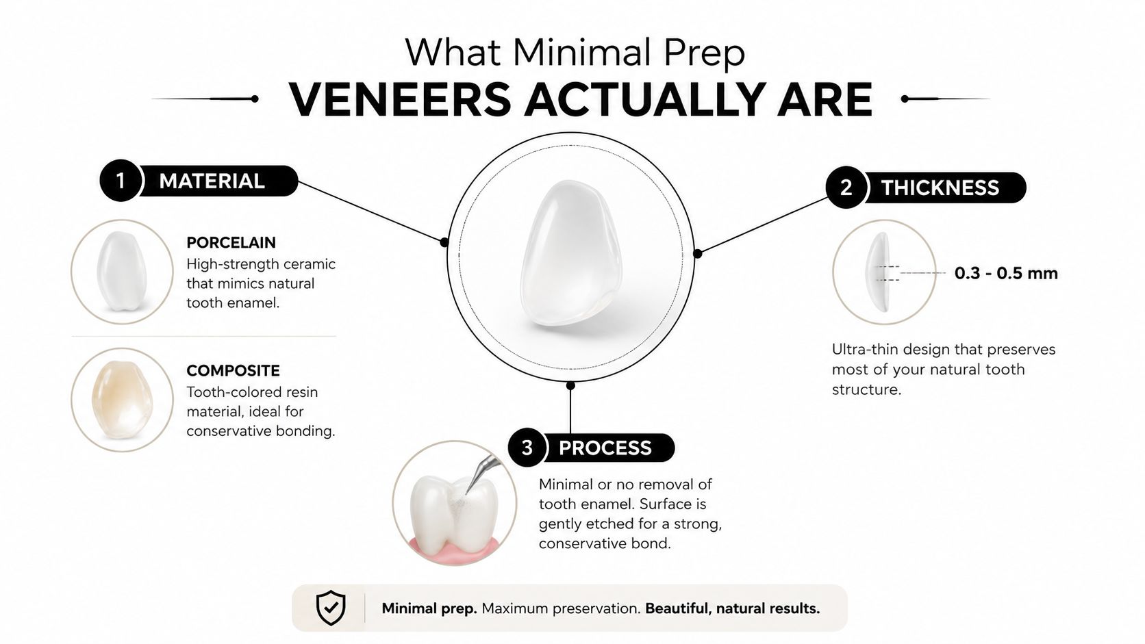 An infographic detailing the materials, thickness, and application process of minimal prep dental veneers for tooth restoration.