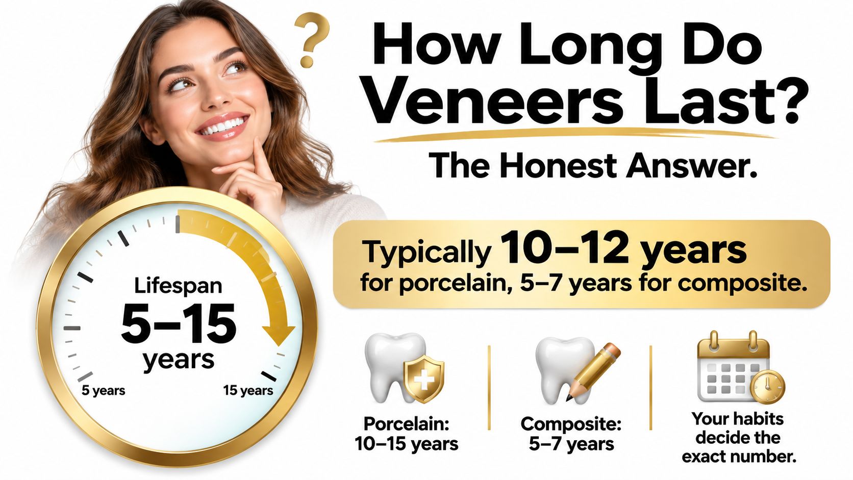 A woman thinking about dental veneers with an infographic showing lifespan ranges for porcelain and composite options.