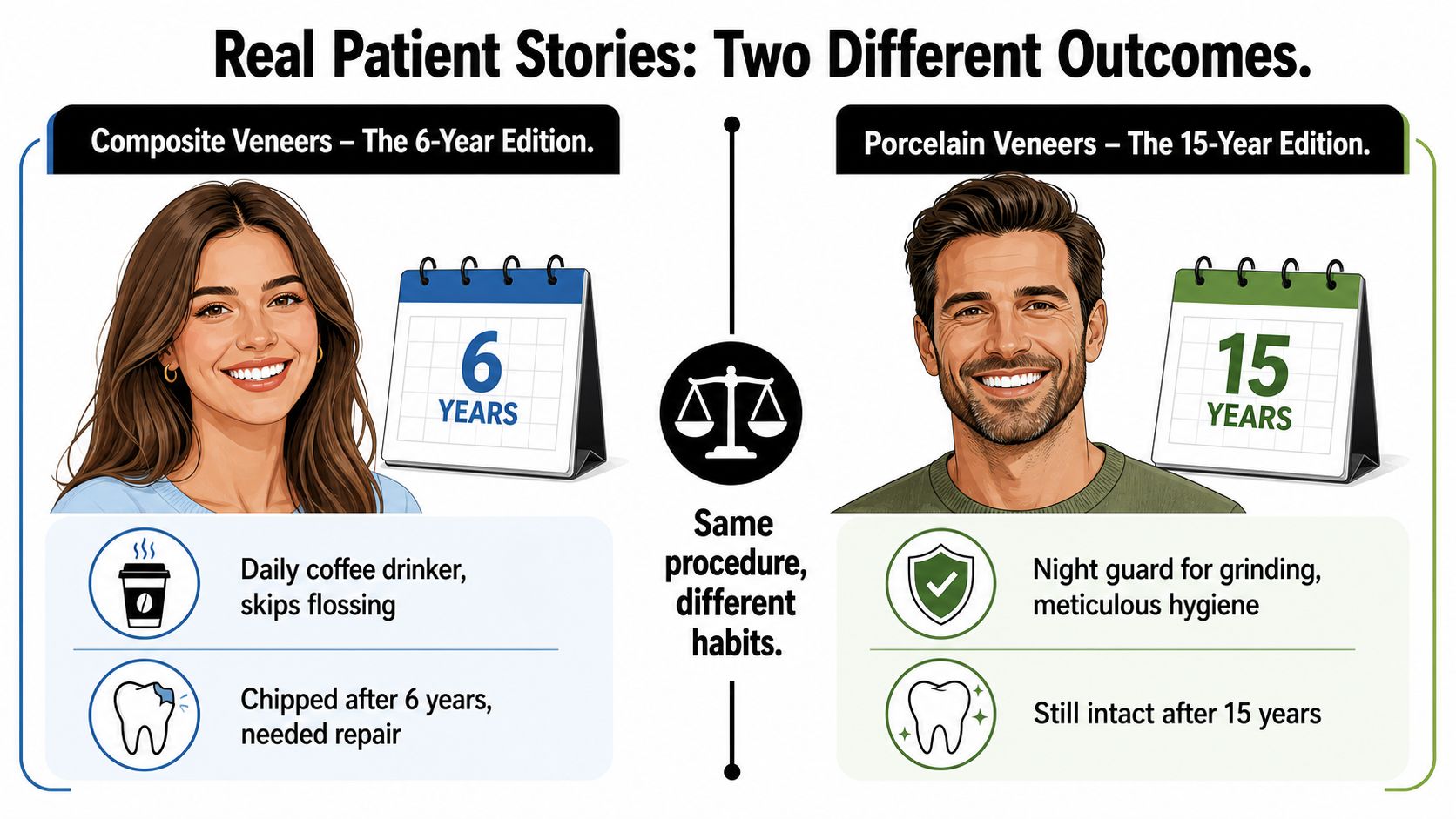 A comparative infographic showing how daily habits influence the longevity of composite and porcelain dental veneers.