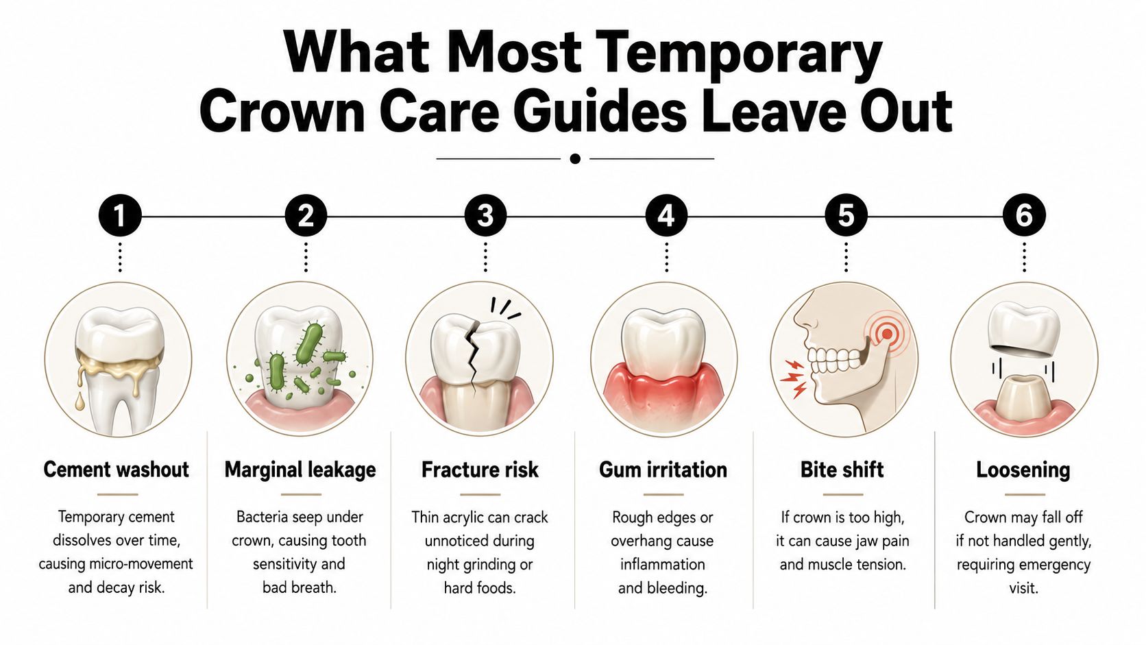 An infographic showing six common risks associated with temporary dental crowns including cement washout, leakage, fracture, and irritation.