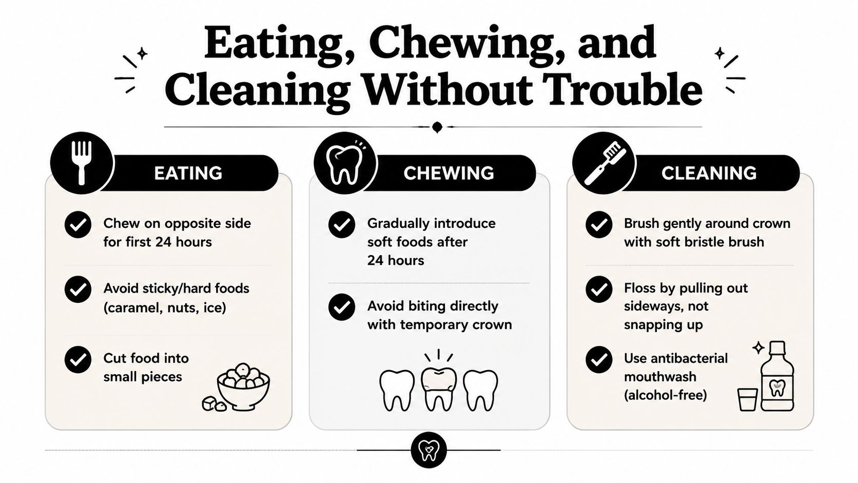 A helpful infographic outlining tips for eating, chewing, and cleaning after receiving a dental temporary crown.