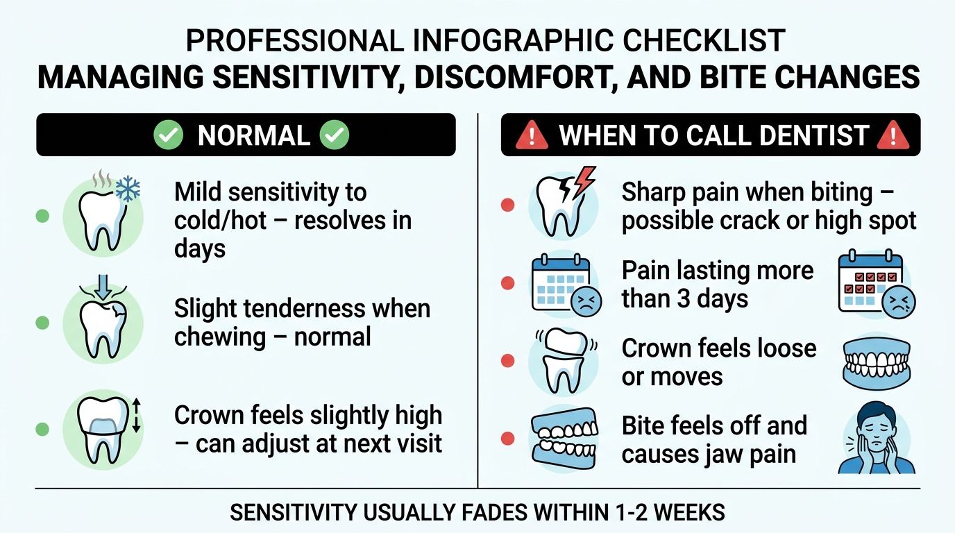 An infographic checklist for patients explaining normal versus concerning symptoms when managing temporary dental crown sensitivity.