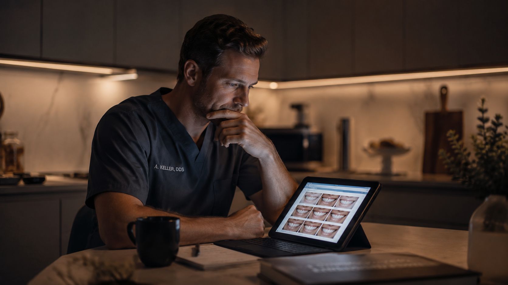 A dentist wearing scrubs examines dental photographs of teeth on a digital tablet in a kitchen setting.