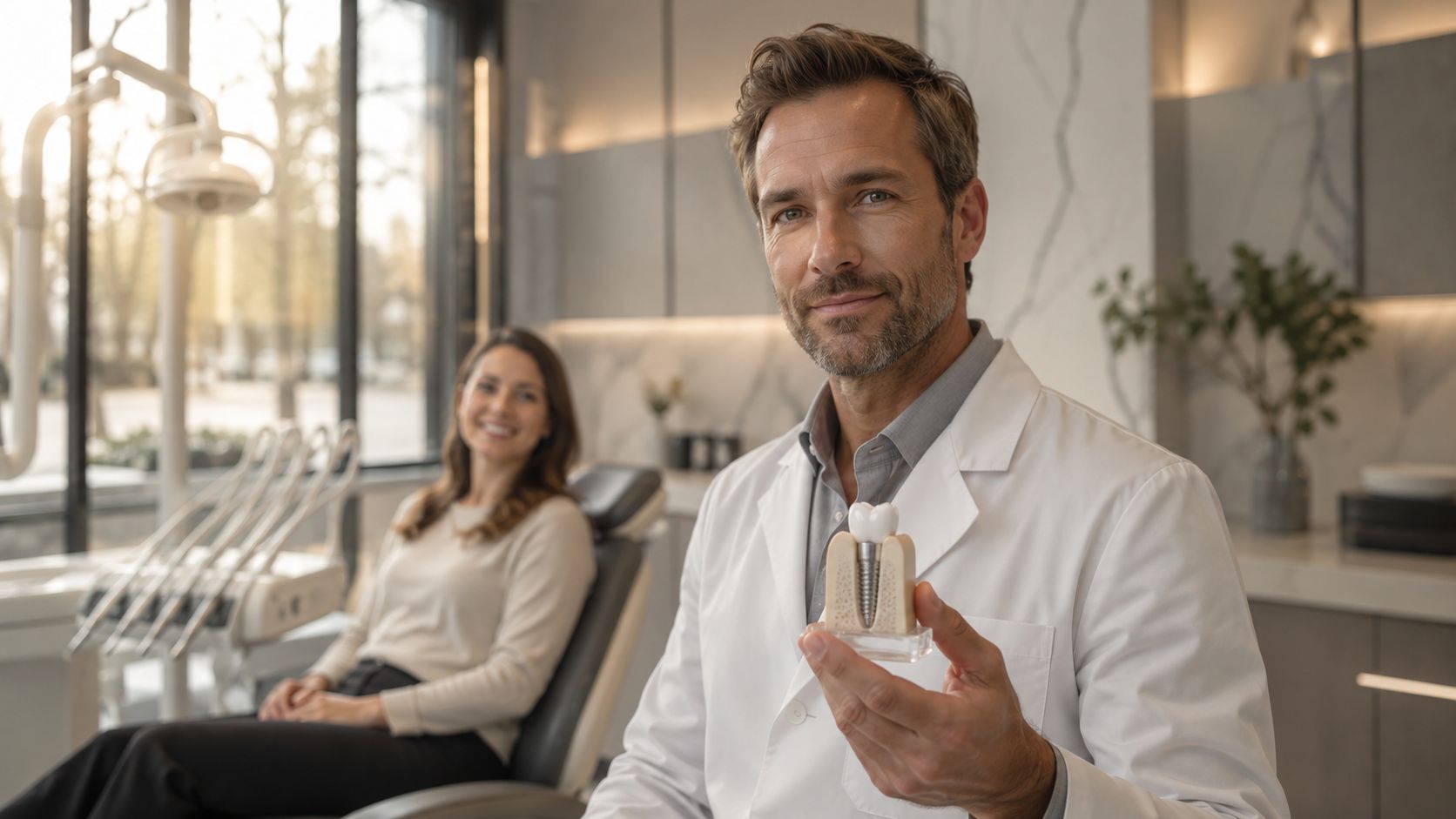 A friendly male dentist holding a dental implant model in a modern professional clinic setting.