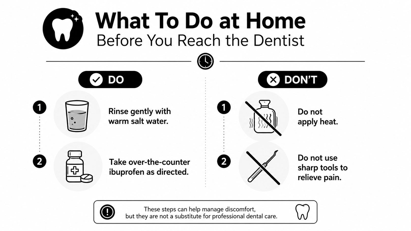 A dental infographic detailing recommended steps for managing oral discomfort at home before professional treatment.