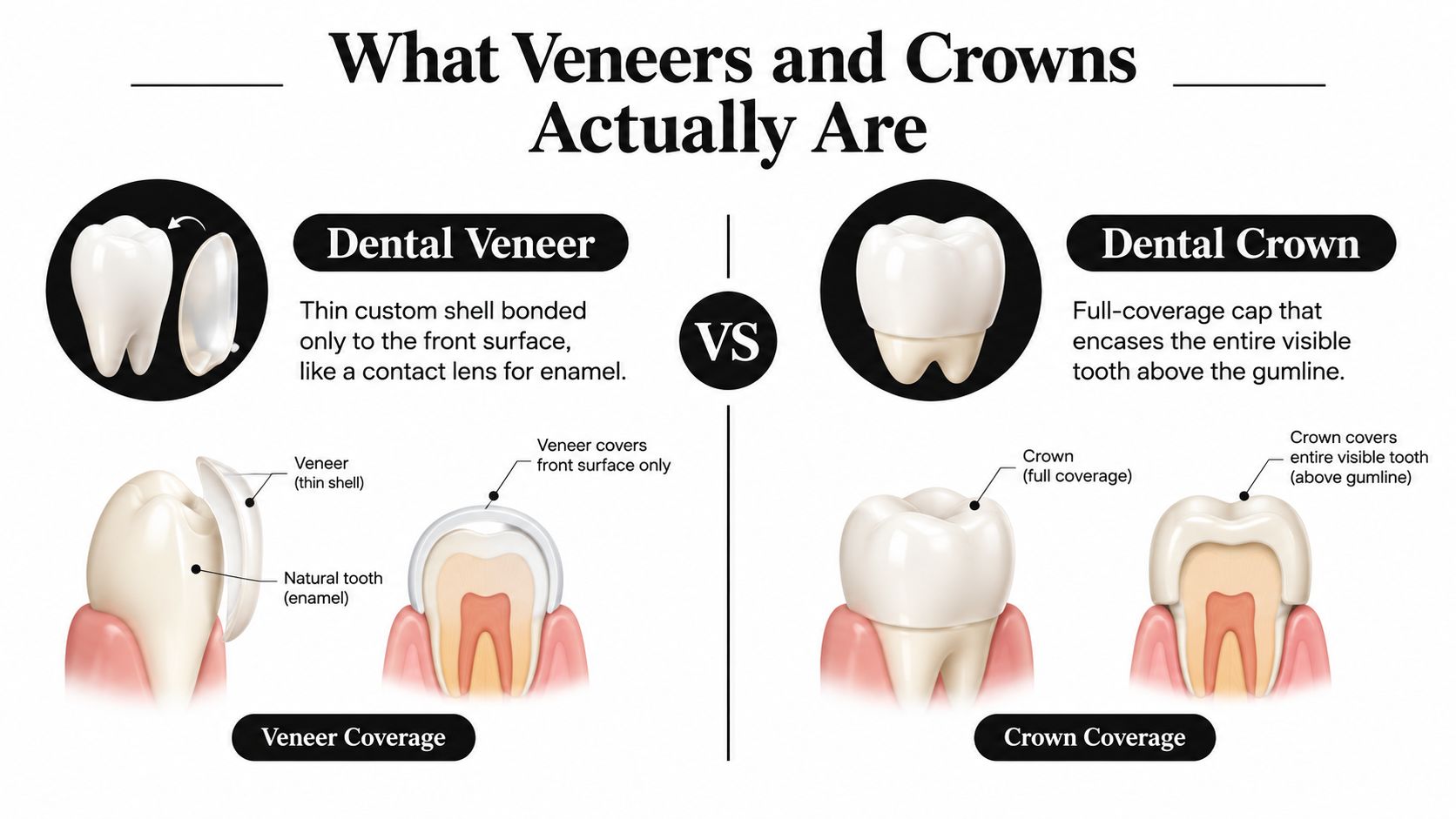 An infographic comparing dental veneers and dental crowns, showing their respective coverage levels on a human tooth.