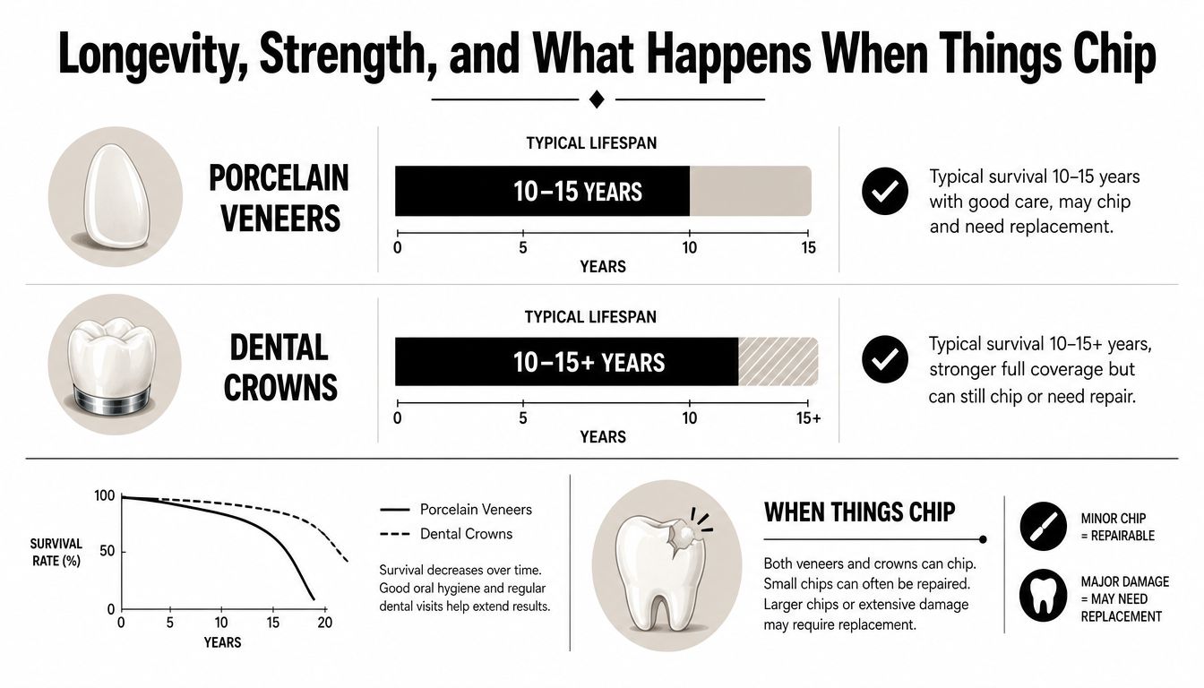 An infographic comparing the longevity, survival rates, and repair options for dental veneers and dental crowns.