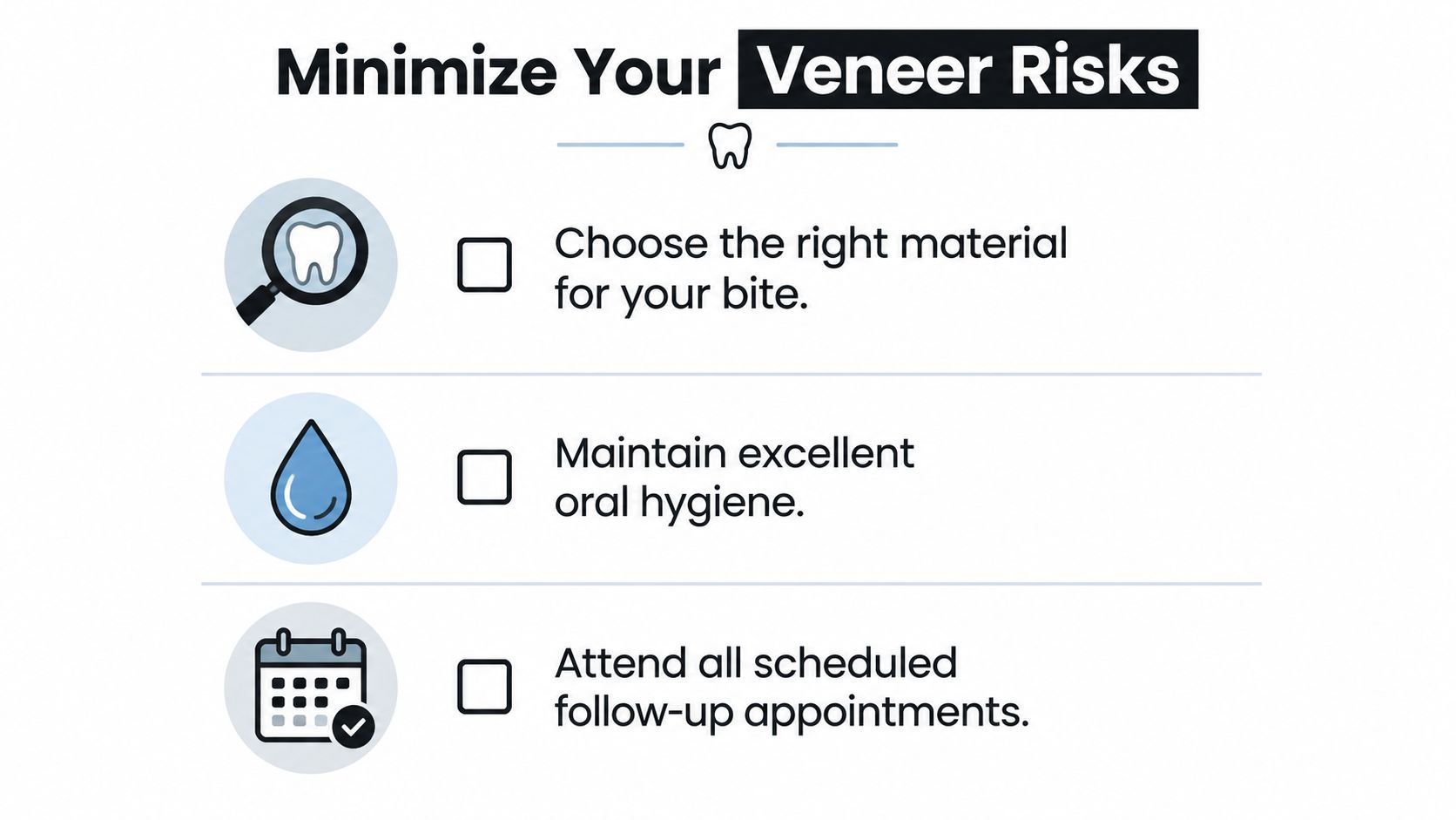 A checklist infographic titled Minimize Your Veneer Risks, suggesting advice for dental veneer maintenance and care.