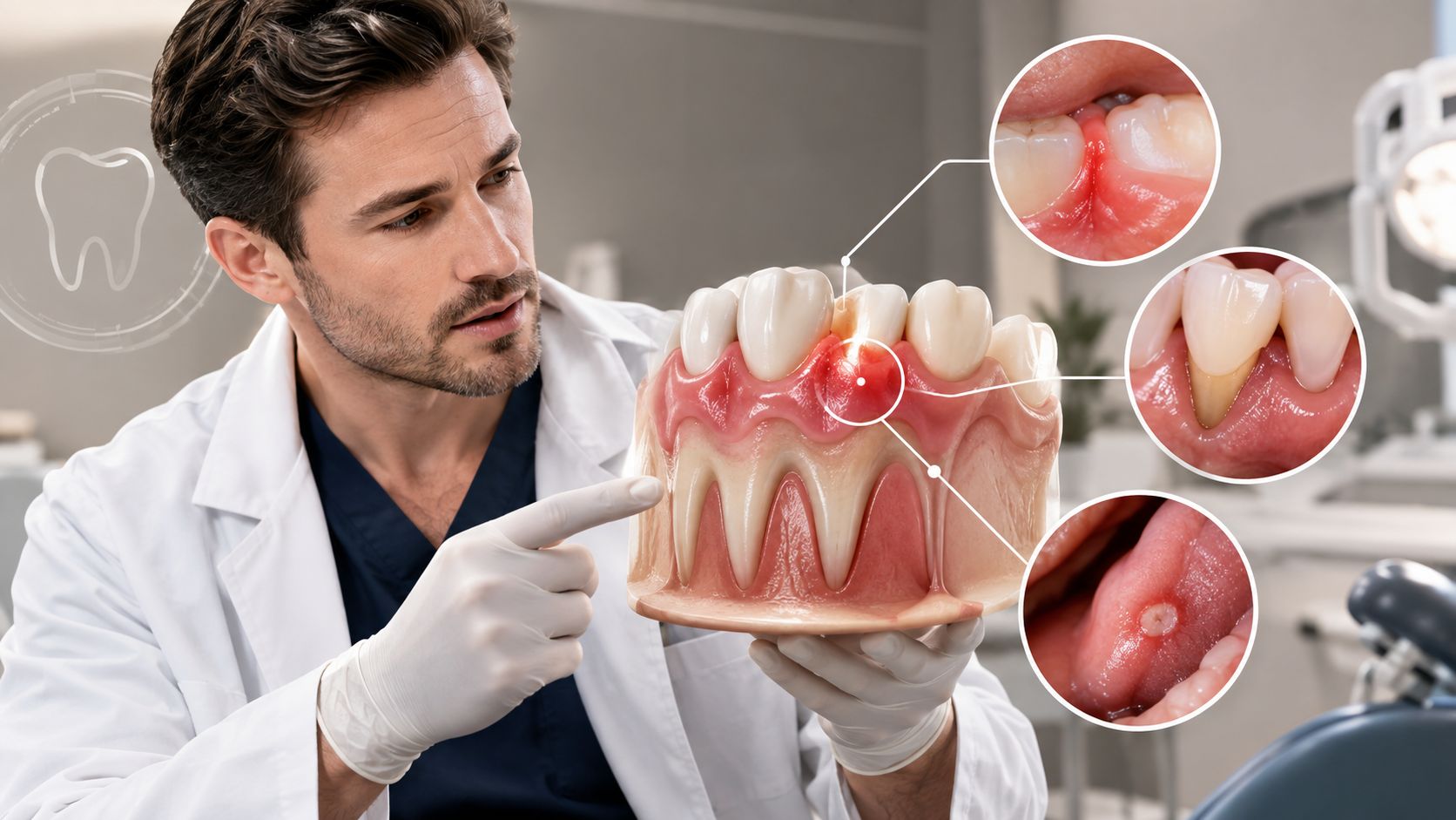 A professional dentist explaining oral health conditions using a dental model with highlighted gum issues.