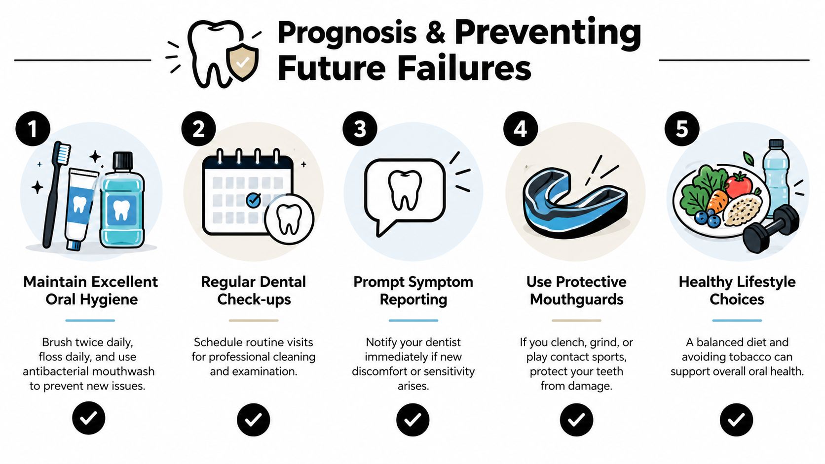 An infographic detailing five key steps to prevent dental issues and maintain long-term oral health.