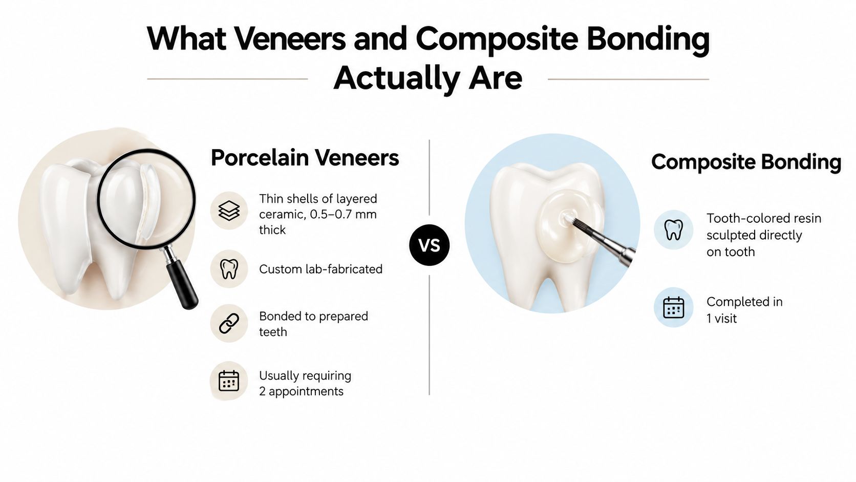 An infographic comparing porcelain dental veneers and composite bonding treatments, detailing their characteristics, materials, and application processes.
