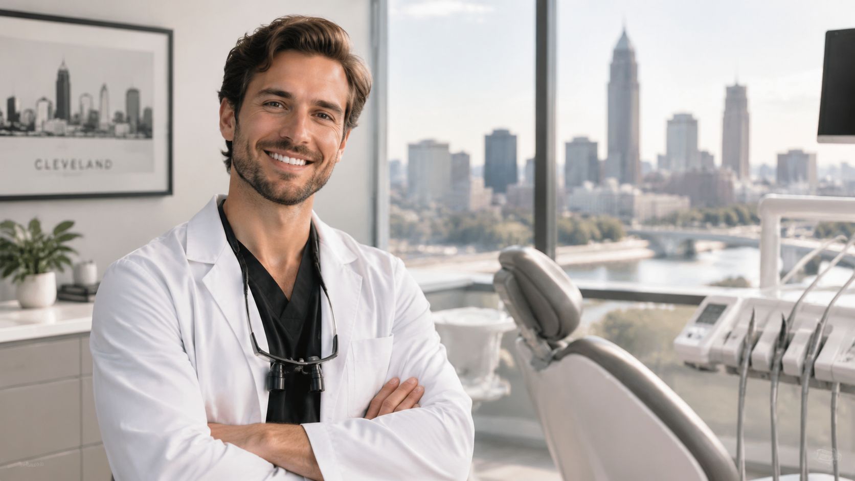 A friendly male dentist wearing a white coat and magnifying glasses smiling in his modern dental office.
