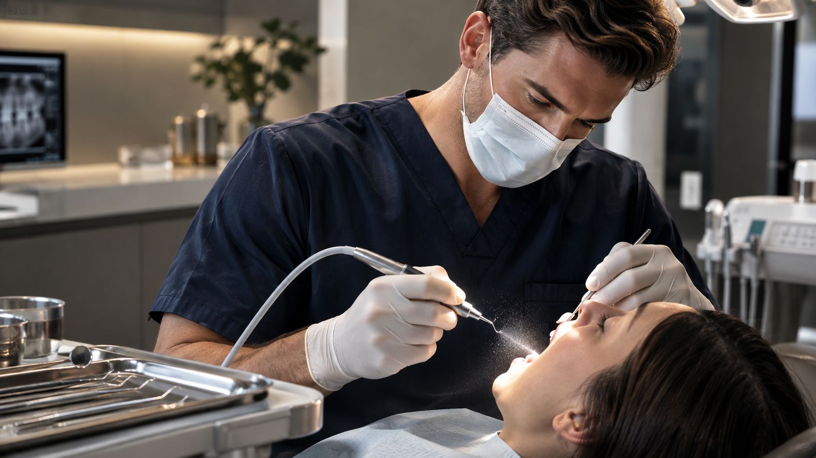 A professional dentist in a mask performs a careful dental cleaning procedure on a reclining female patient.