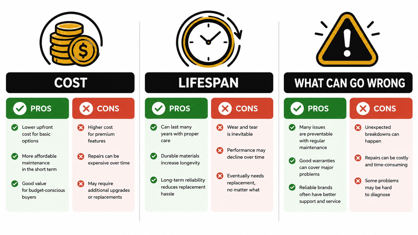 A comparison chart outlining the pros and cons of cost, lifespan, and potential issues for purchases.