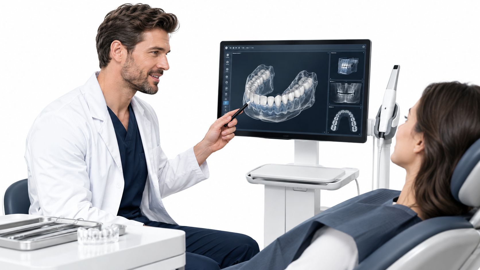 A professional dentist discussing a 3D dental scan with a patient during a consultation at a clinic.