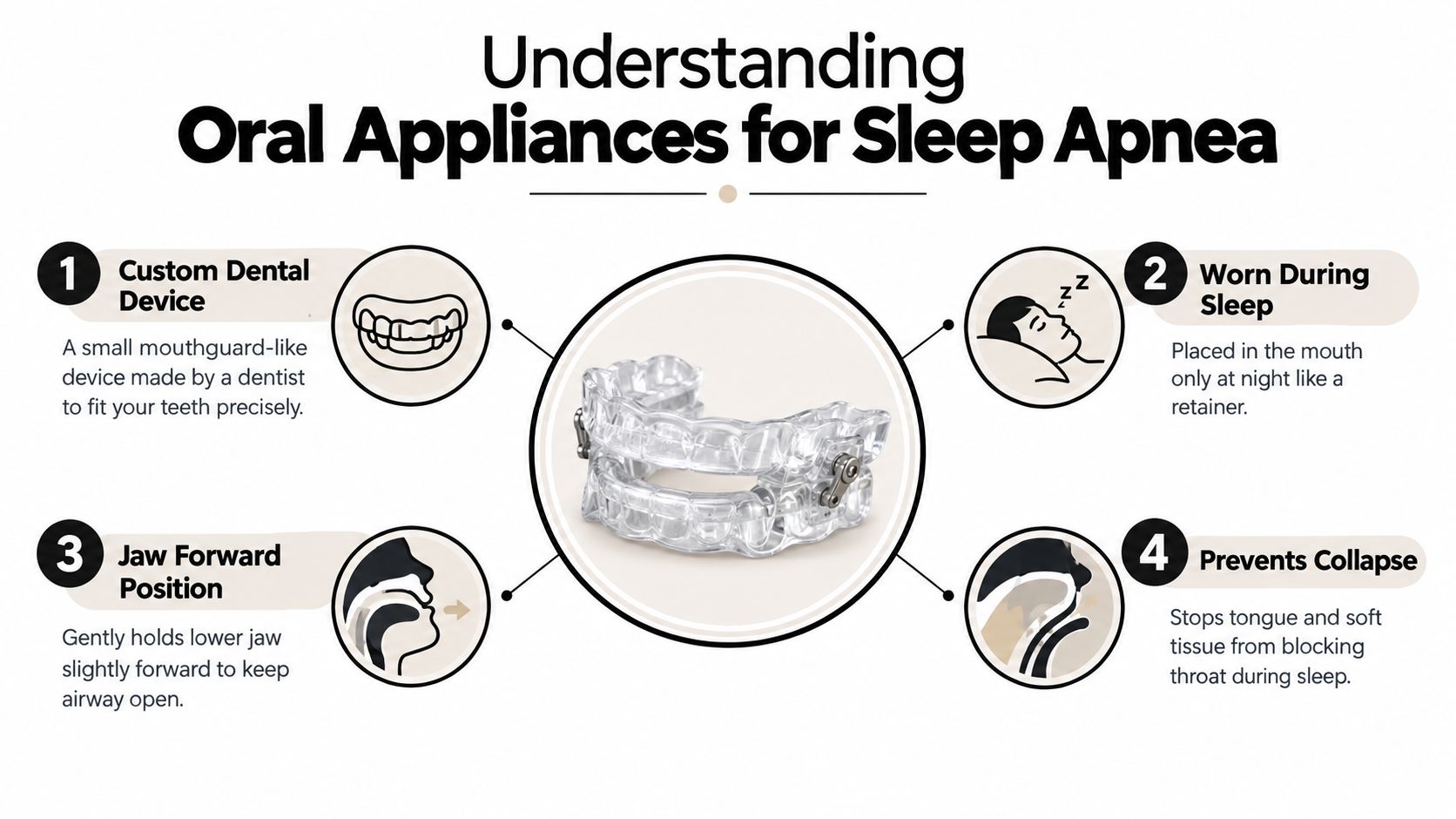 An infographic explaining how custom oral appliances help treat sleep apnea by positioning the jaw forward.