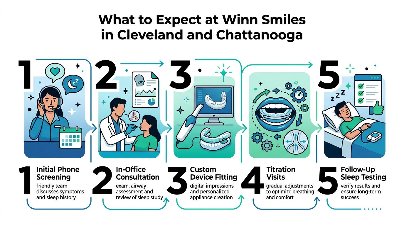 A five-step infographic showing the patient process for receiving oral appliance therapy at Winn Smiles for sleep apnea treatment.