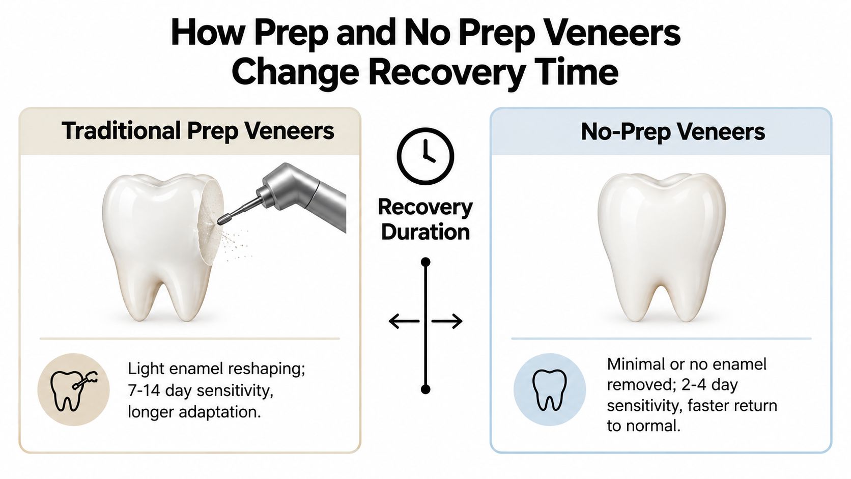 A comparison chart showing the difference in recovery time between traditional prep and no-prep dental veneers.