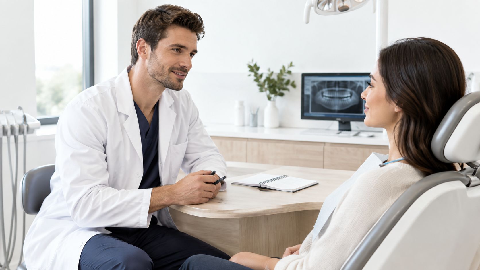 A friendly male dentist consults with a female patient during a dental checkup in a modern office.