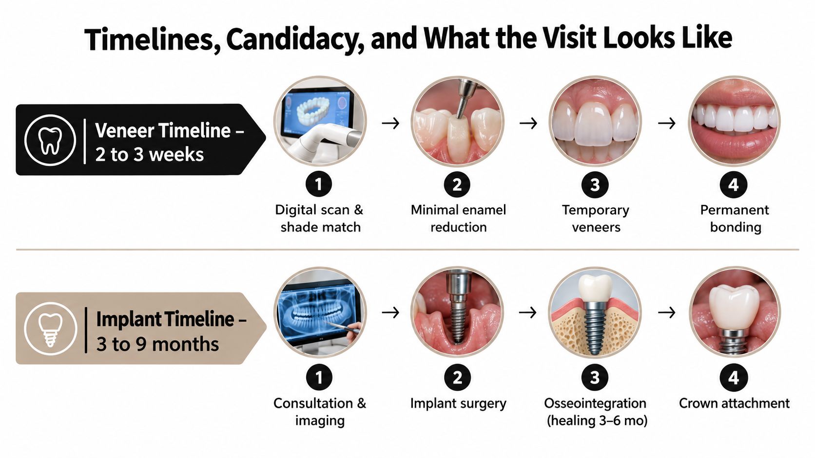 An infographic comparing the step-by-step procedures and timelines for getting dental veneers versus dental implants.
