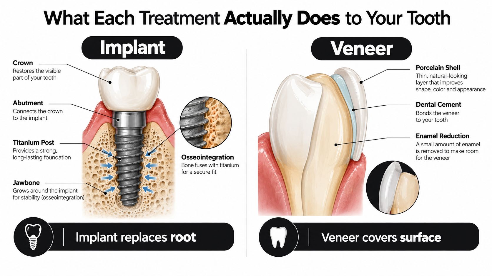 A diagram comparing dental implants and veneers showing their components and how they function on teeth.