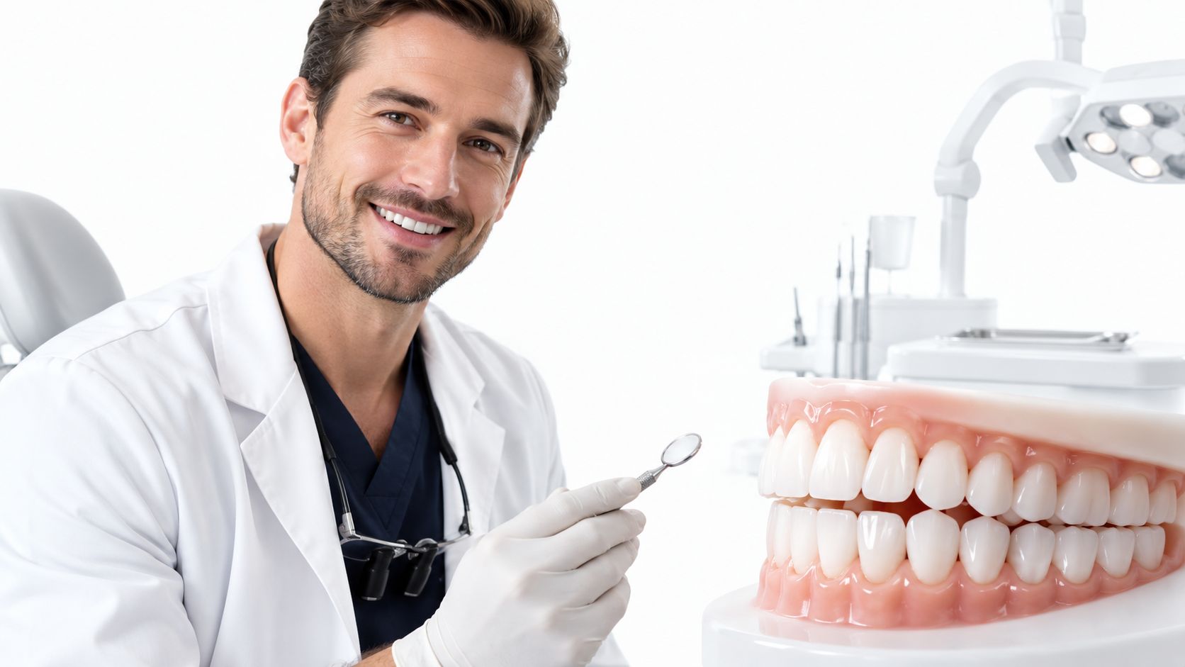 A friendly male dentist in a white coat holding a dental mirror next to teeth model