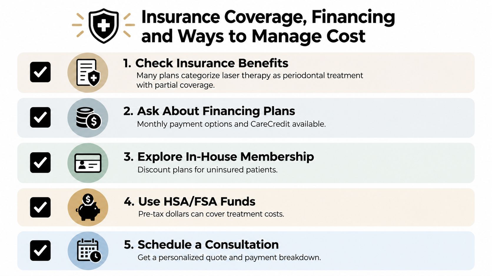 A list of five tips for managing the costs of laser gum treatment, including insurance and financing options.