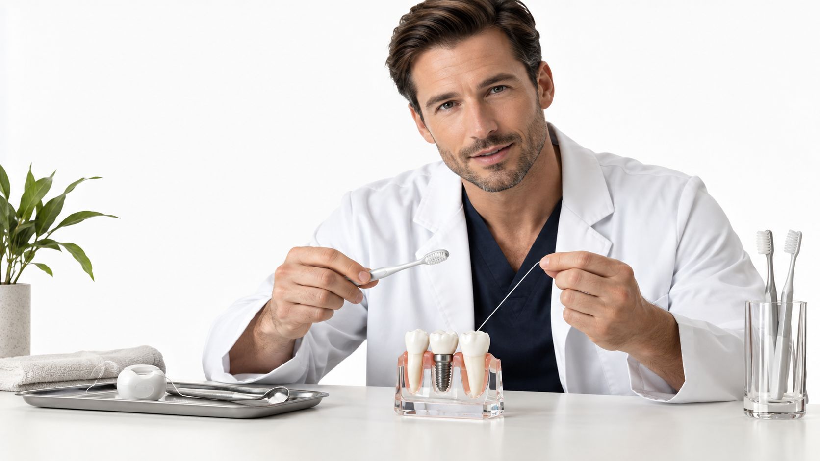 A professional male dentist demonstrating proper flossing technique on a dental implant model in a clinic.